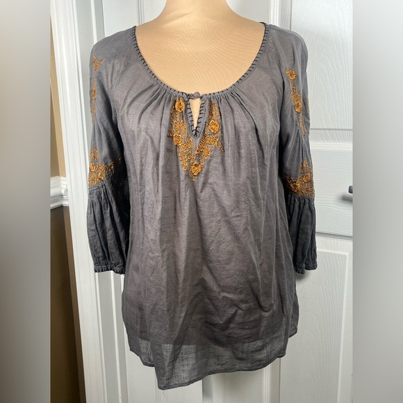 Anthropologie Floreat Charcoal Blouse with Mustard Color Embroidery Size 2 - Picture 6 of 11